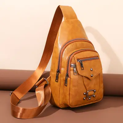 Women's Black PU Leather Textured Chest Bag with Adjustable Strap