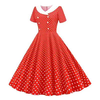 Red Polka Dot Lapel Full Swing Dress for Women
