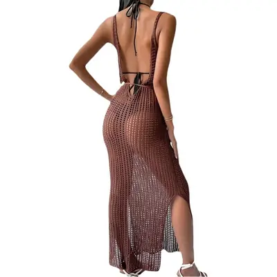 Beachy Knitted Long Sleeve Dress Women Solid Gold