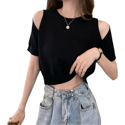Black Cold Shoulder Knit Top Short Sleeve Women