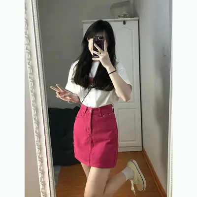 Rose Red Denim Shorts Women High Waist Slimming