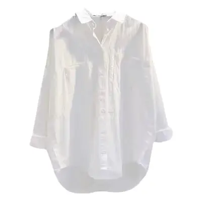 Women Pure Cotton Single-Breasted Lapel Shirt White Mid-Length Loose Long Sleeve