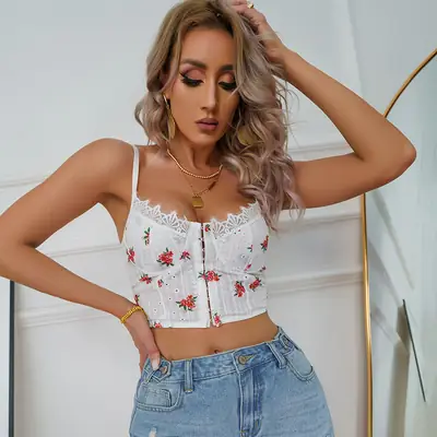 White Lace Camisole with Floral Embroidery & Backless Design