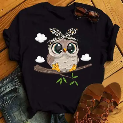 Women's Cute Owl Print T-Shirt White Short Sleeve
