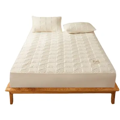 Category a Maternal and Infant Grade Soy Fiber Quilted Fitted Sheet, Single Piece Raw Cotton Natural Color Bed Cover, Thickened Full Wrap Mattress Protector