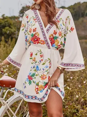 2022 Vintage Ethnic Printed Short Dress with Heavy Embroidery