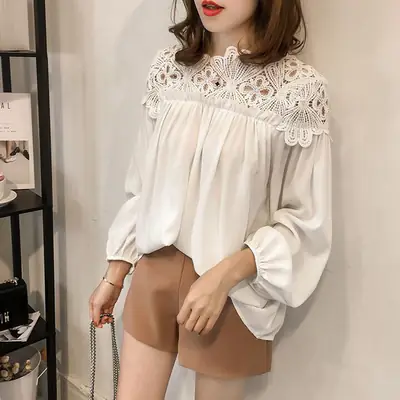 Black Chiffon Long Sleeve Top with Lace Embroidery