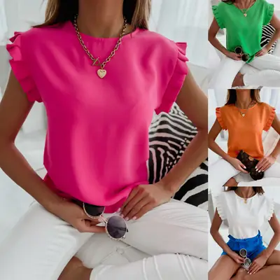 Women's 2022 Pleated Short Sleeve White Top with Blue Shorts