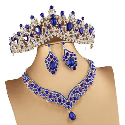 Blue Rhinestone Bridal Crown & Earrings Set