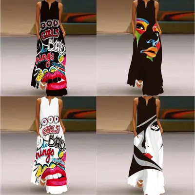 V-Neck Letter Print Sleeveless Dress for Women