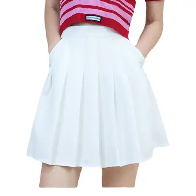 Women's White Pleated Skirt with Pocket Anti-Running