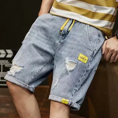 2022 Denim Shorts with Distress & Yellow Patch