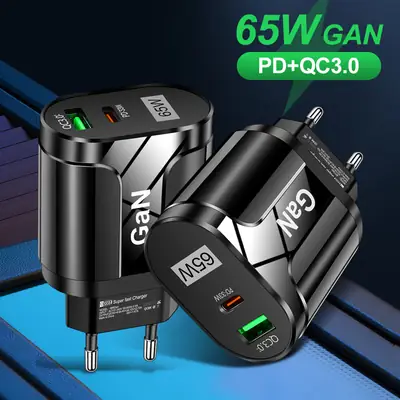 GaN 65W Mobile Phone Charger with USB-C & PD Ports