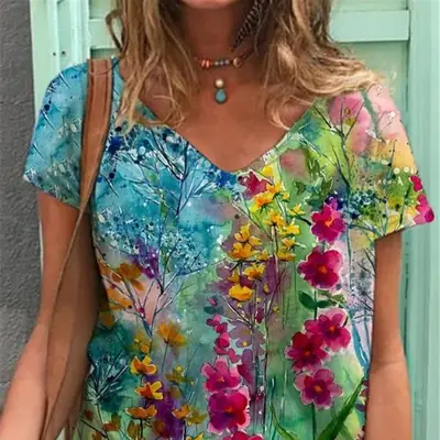 Women 3D Floral Print V-Neck T-Shirt Summer
