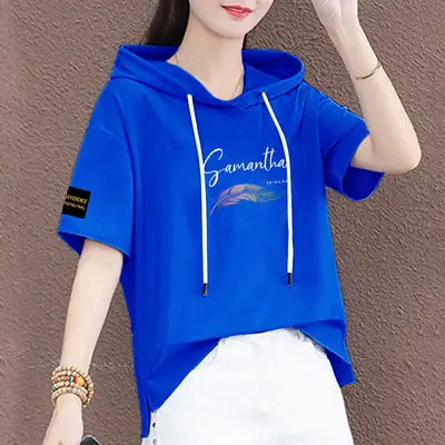 Women Hooded T-Shirt Black Summer Casual Korean Style