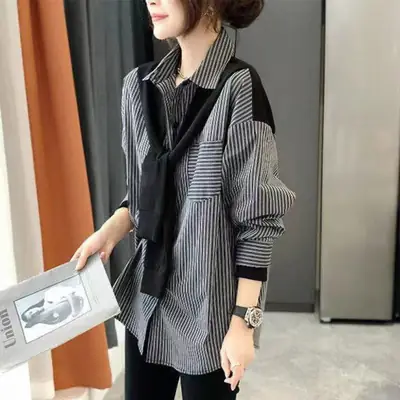 Women's Black & Gray Striped Button-Down Shirt 2022