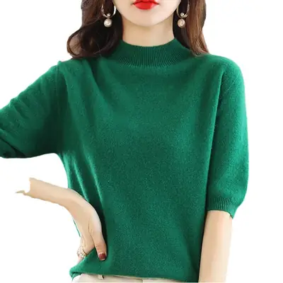 Blue Knitted Half Turtleneck Pullover for Women