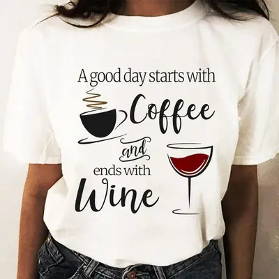 Women Graphic T-Shirt White Coffee Wine Love Print