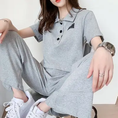 Women 2-Piece Gray Polo Track Suit Summer Wear