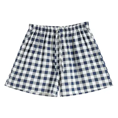 Women Cotton Linen Checkered Shorts Blue White Large