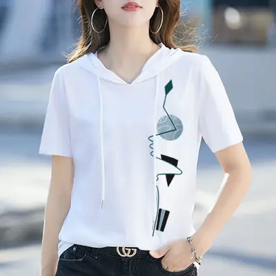 Women Summer Hooded T-Shirt White Loose Casual