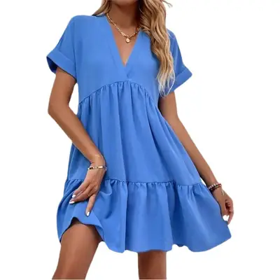Blue V Neck Summer Dress Large Hem Casual Skirt