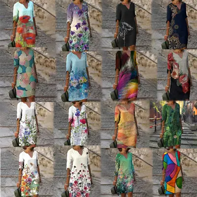 2022 V-Neck Pullover Dress with Leaf Print
