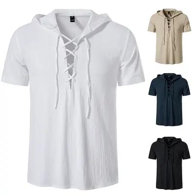 Men Navy Cotton Hooded Short Sleeve Shirt