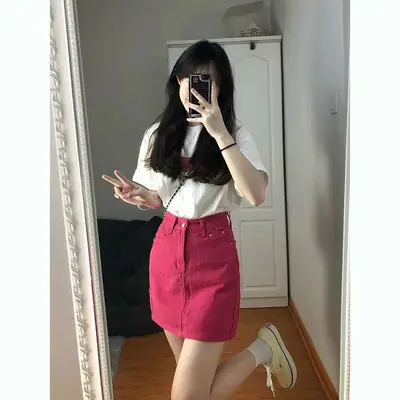 Rose Pink Denim Short Skirt Women Small High Waist A-Line
