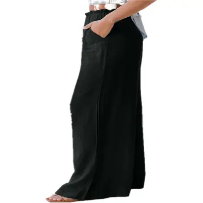 2023 Women's Black Wide Leg Ruffled Pocket Pants