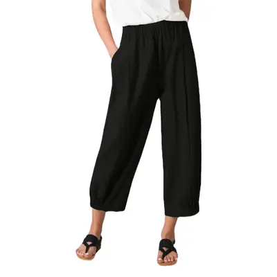 Women's Wide Leg Ankle-Crop Cotton Linen Pants Navy Blue