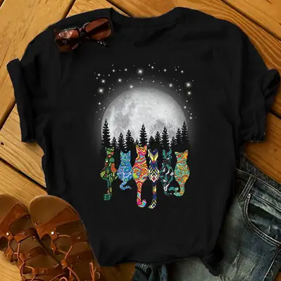 Moon Cat Print T-Shirt Black Women Men