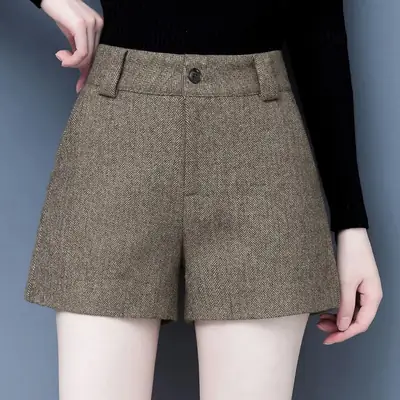 Women Woolen Shorts High Waist Wide Leg Slimming Winter 2025