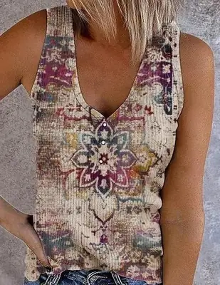 Women's 3D Printed V-Neck Sleeveless Vest with American Flag Design