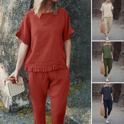 2023 Women's Navy Blue Cotton Linen Pants Suit