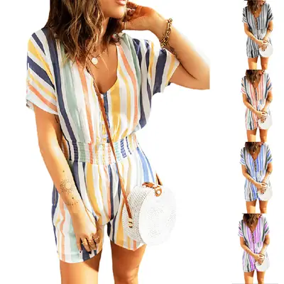2024 Summer Striped V-Neck Button Jumpsuit Set