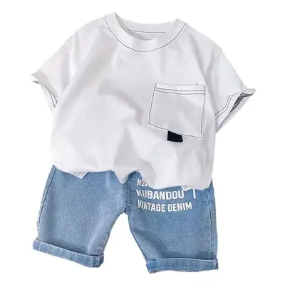 Boys White Cotton Short Sleeve Western Suit Summer