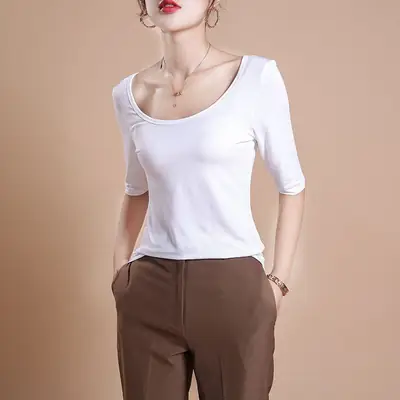 Women White Long Sleeve T-Shirt Double U Neck
