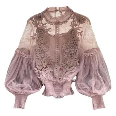 White Lace Mesh Lantern Sleeve Women's Top