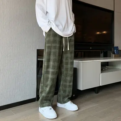 Men's Corduroy Plaid Wide Leg Pants Autumn Winter