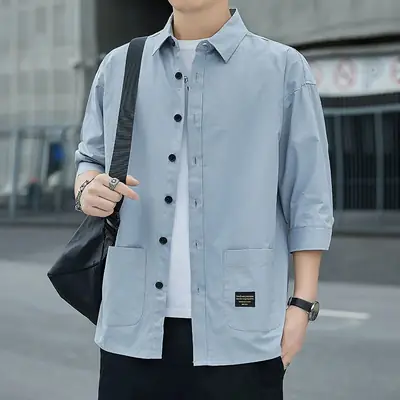 Men's Pure Cotton 7Pc Sleeve Shirt Light Blue