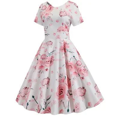 2019 Floral Belted Summer Dress White Pink Rose Print
