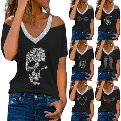 Women V-Neck Shoulder Short Sleeve T-Shirt Pink