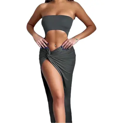 Women's Hollow Out Umbilical Fold Long Dress Grey