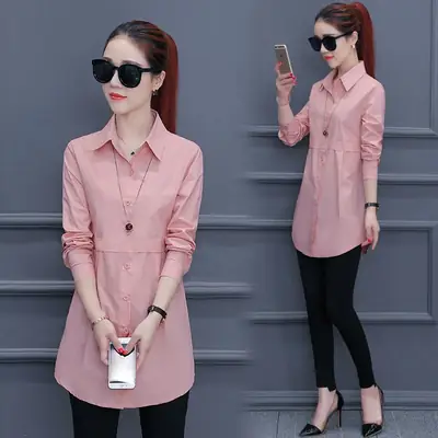 Women's Pink Lapel Shirt Solid Color Long Sleeve
