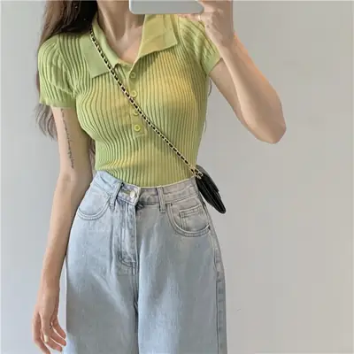 Women French Style Short Sleeve T-Shirt White Knit