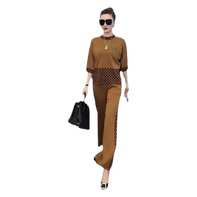2025 Women's European Two-Piece Suit Brown Black Slim Plaid