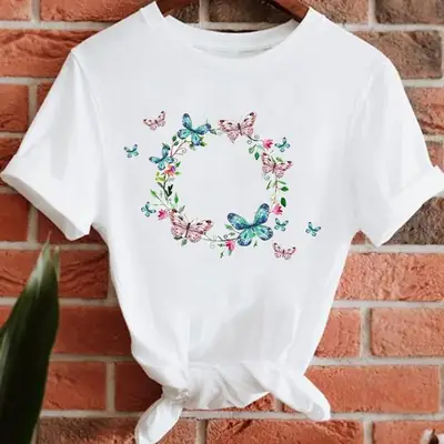 Women White Heart Butterfly Printed T-Shirt Short Sleeve
