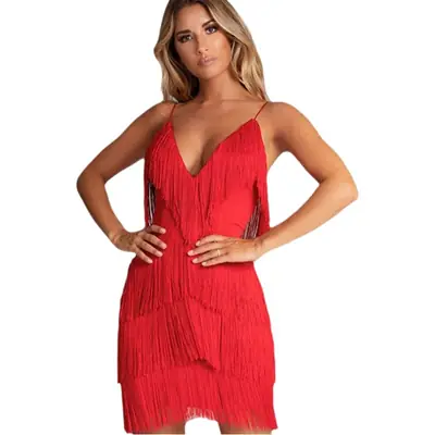 White Tassel Backless Dress Deep V Neck