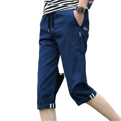 Men Navy Blue Cotton Capri Shorts Summer Casual